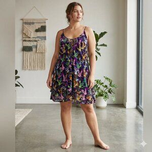 Anthropologie Crane Bird Print Tiered Mini Dress Tunic Top Women's Size L